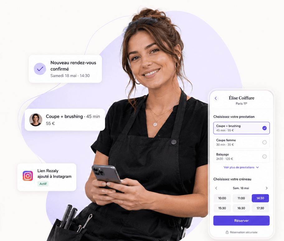 Aperçu d'une professionnelle utilisant Rezaly avec une page de réservation et des notifications de rendez-vous